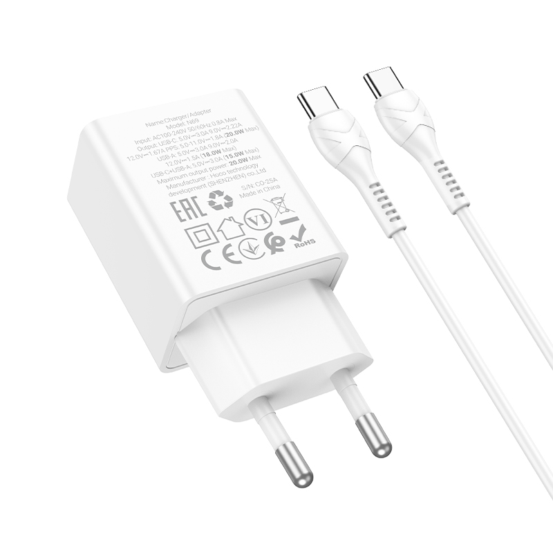 Сетевое зарядное устройство HOCO N69 Nuevo 1xUSB + 1xUSB-C с Кабелем Type-C - Type-C, 3A, 20W, белый фото