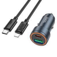 Автомобильное зарядное устройство HOCO Z57A Glorious, 1xUSB + 1xUSB-C с Кабелем Type-C - Lightning, 3A, 30W, серый металлик фото