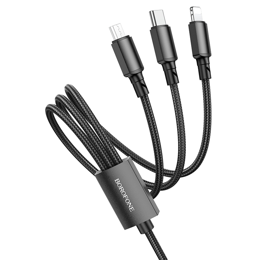 Кабель USB BOROFONE BX72 3 в 1 USB - Type-C + Lightning + MicroUSB, 2А, 1 м, черный фото