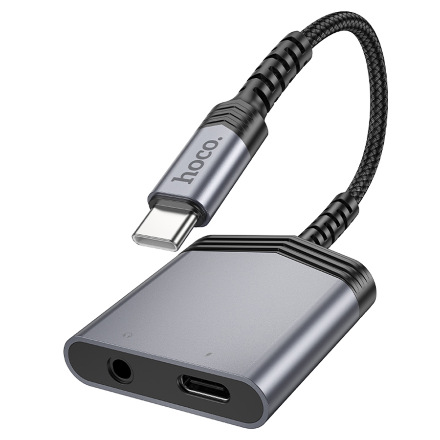 Переходник/Адаптер HOCO LS39 Type-C (m) - Jack 3.5 (f) / Type-C (f), 8 см, серый металлик фото