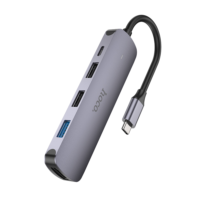 USB HUB разветвитель HOCO HB27 5 в 1 Type-C (m) - USB3.0 + 2xUSB2.0 + Type-C PD + HDMI, 14 см, серый металлик фото