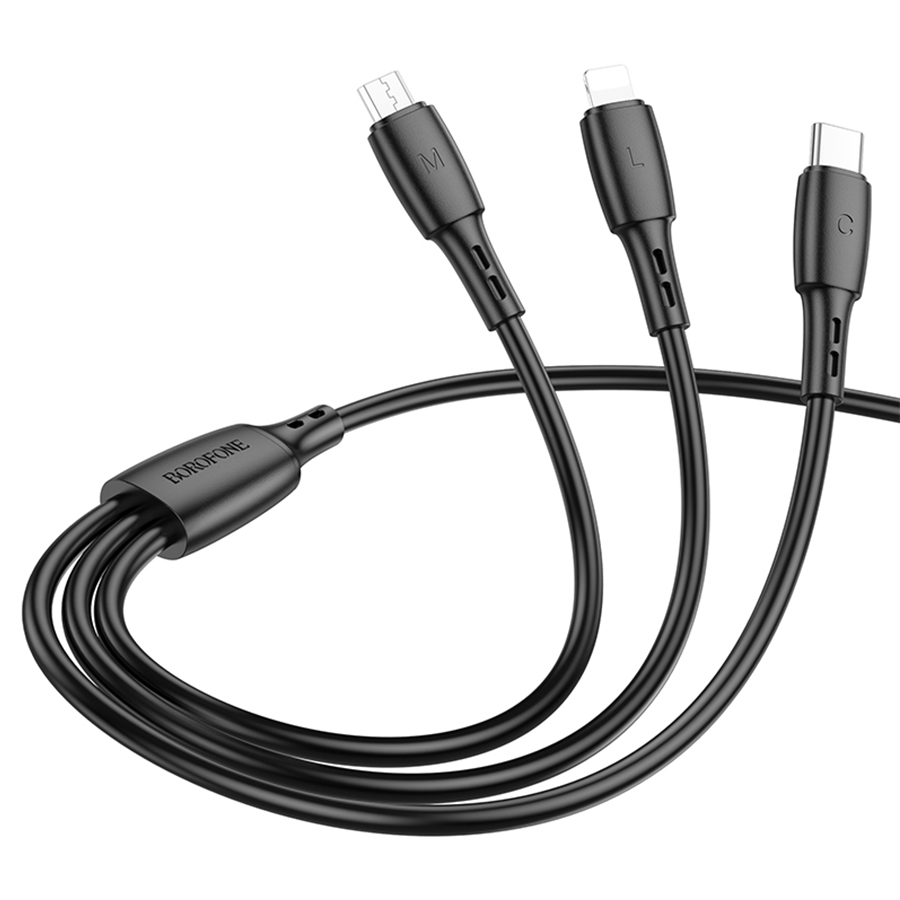 Кабель USB BOROFONE BX71 3 в 1 USB - Type-C + Lightning + MicroUSB, 2А, 1 м, черный фото