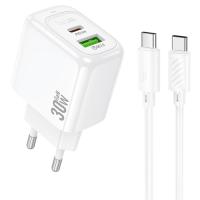 Сетевое зарядное устройство HOCO CS55A Surplus 1xUSB + 1xUSB-C с Кабелем Type-C - Type-C, 30W, белый фото