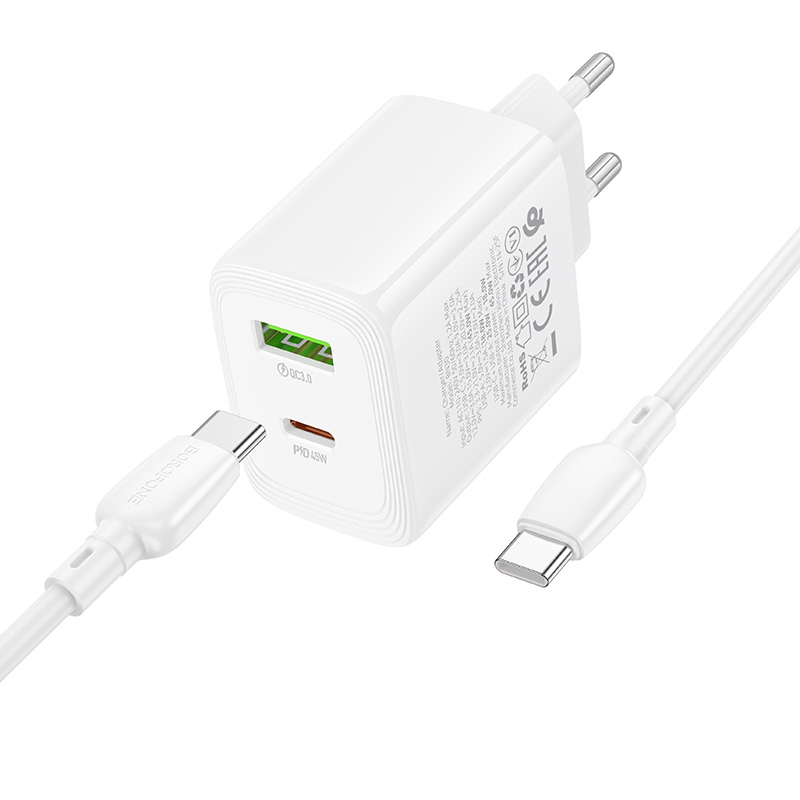 Сетевое зарядное устройство BOROFONE BN30 Cargador 1xUSB + 1xUSB-C с Кабелем Type-C - Type-C, 45W, белый фото
