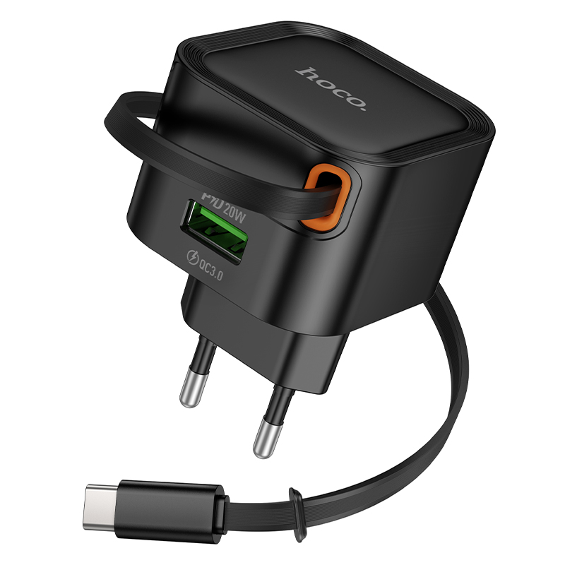 Сетевое зарядное устройство HOCO C154A Changer 1xUSB + 1xUSB-C с Кабелем Type-C, 3A, 20W, черный фото