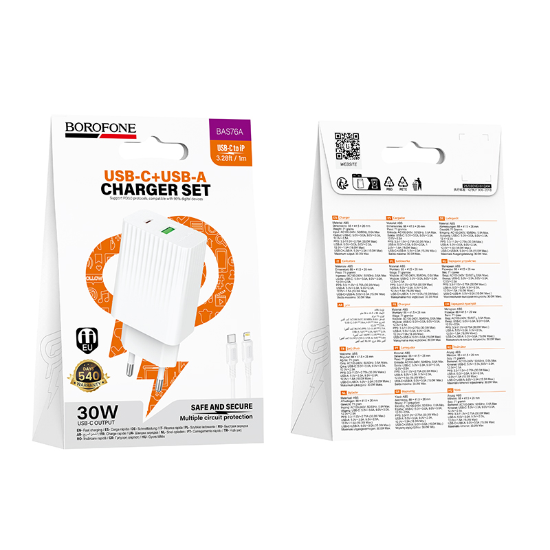 Сетевое зарядное устройство BOROFONE BAS76A Source 1xUSB + 1xUSB-C с Кабелем Type-C - Lightning, 3A, 30W, белый фото
