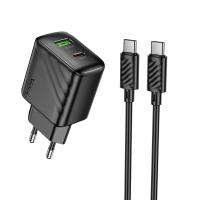 Сетевое зарядное устройство HOCO CS25A Rico 1xUSB + 1xUSB-C с Кабелем Type-C - Type-C, 3A, 20W, черный фото