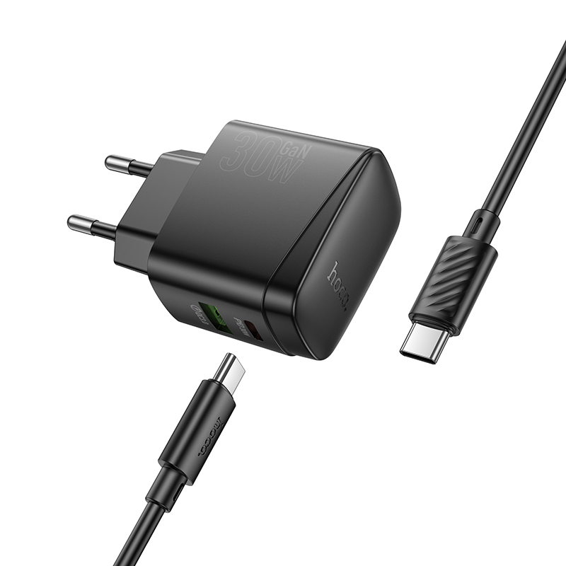 Сетевое зарядное устройство HOCO CS61A Bright 1xUSB + 1xUSB-C с Кабелем Type-C - Type-C, 3A, 30W, черный фото