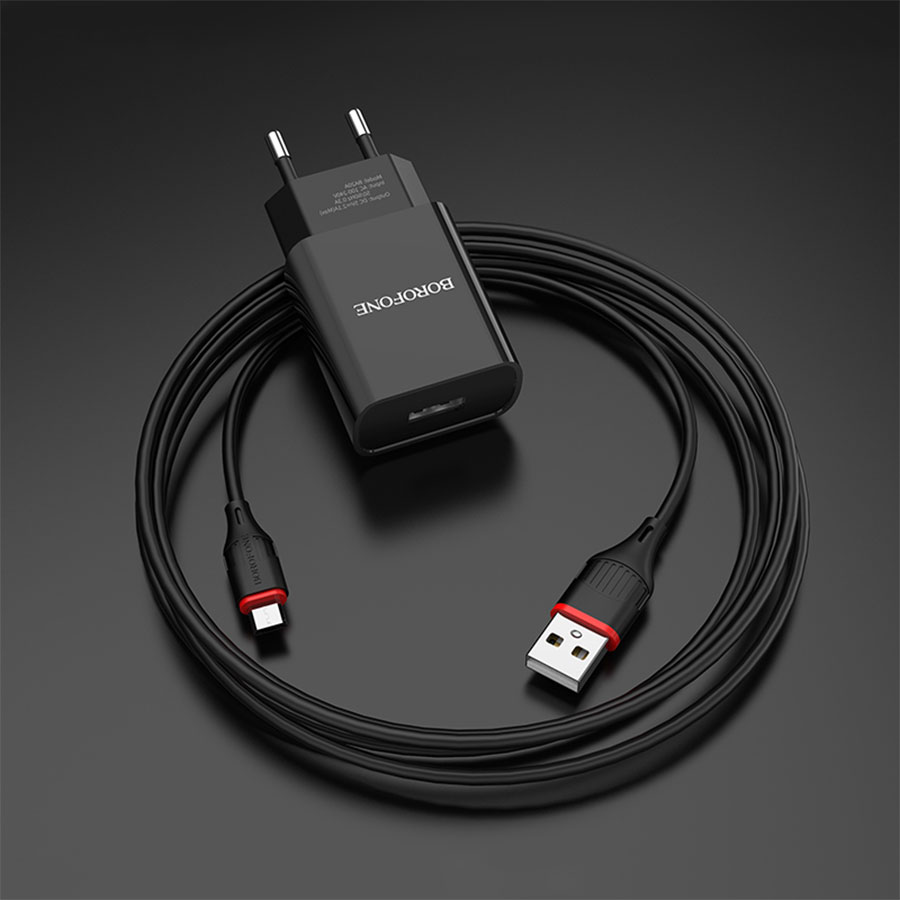 Сетевое зарядное устройство BOROFONE BA20A Sharp 1xUSB с Кабелем USB - Micro, 2.1A, 10W, черный фото