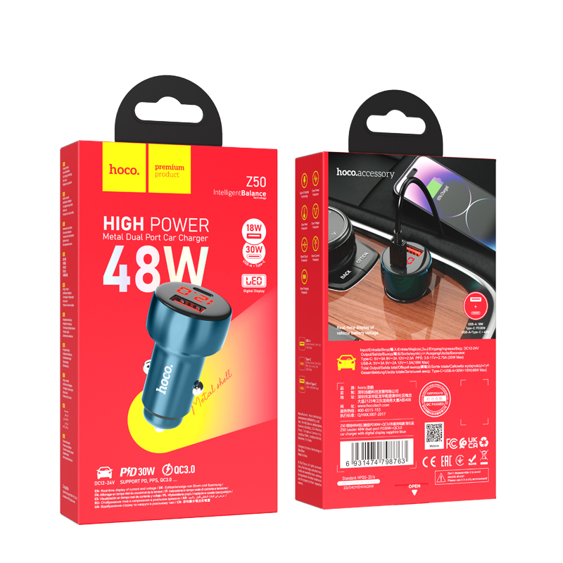 Автомобильное зарядное устройство HOCO Z50 Leader, 1xUSB + 1xUSB-C, 48W, синий фото