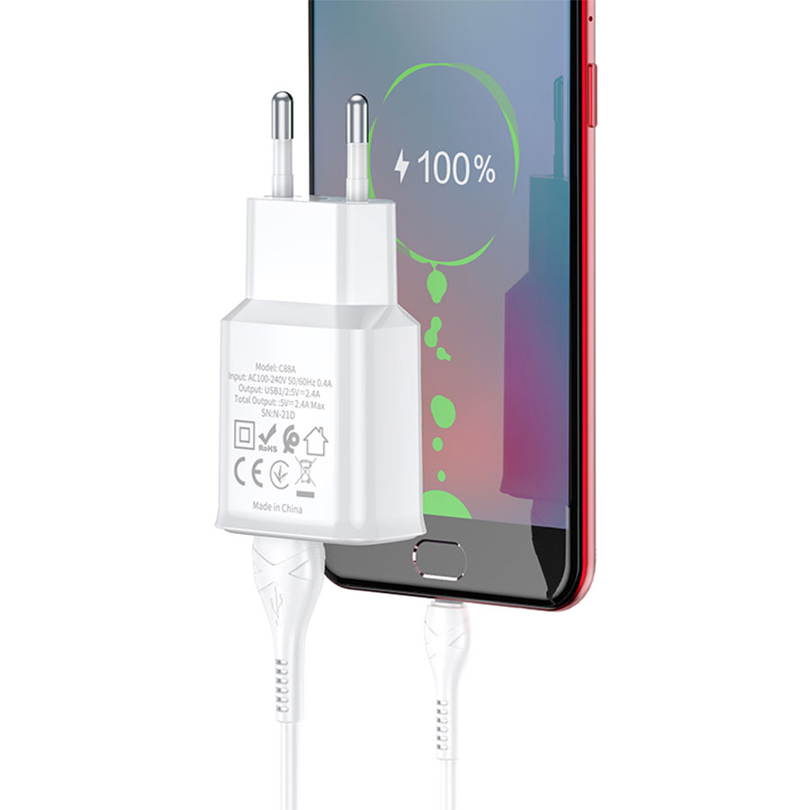 Сетевое зарядное устройство HOCO C88A Star 2xUSB с Кабелем USB - Type-C, 2.4A, 10.8W, белый фото