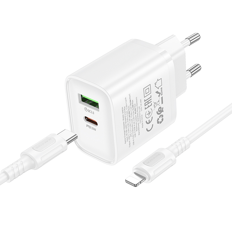 Сетевое зарядное устройство BOROFONE BA83A Flare star 1xUSB + 1xUSB-C с Кабелем Type-C - Lightning, 3A, 20W, белый фото