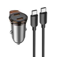 Автомобильное зарядное устройство HOCO NZ16B Rigorous, 2xUSB-C с Кабелем Type-C - Type-C, 45W, серый металлик фото