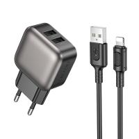Сетевое зарядное устройство BOROFONE BAS51A Absolute 2xUSB с Кабелем USB - Lightning, 2.4A, черный фото