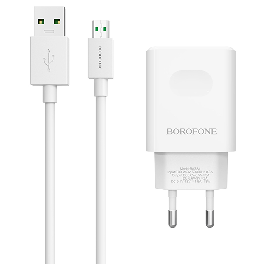 Сетевое зарядное устройство BOROFONE BA32A Bright power 1xUSB с Кабелем USB - Micro, 3A, 18W, белый фото