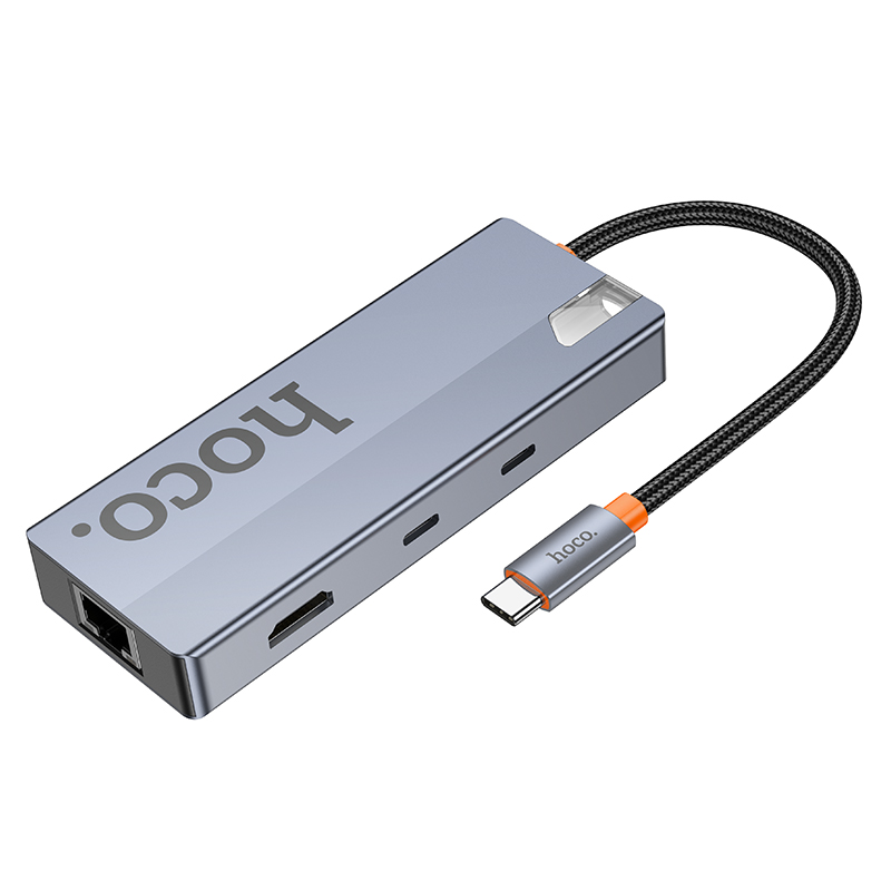 Переходник/Адаптер HOCO HB52 Wow 8 в 1 Type-C (m) - 2xUSB3.0 + Type-C PD + USB-C + HDMI + SD/TF + RJ45, 19 см, серый металлик фото