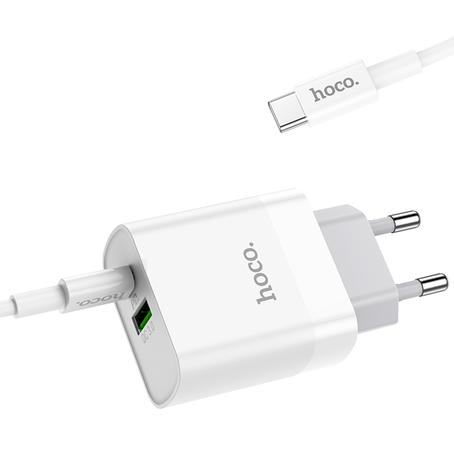 Сетевое зарядное устройство HOCO C80A Rapido 1xUSB + 1xUSB-C с Кабелем Type-C - Type-C, 3.1A, 20W, белый фото