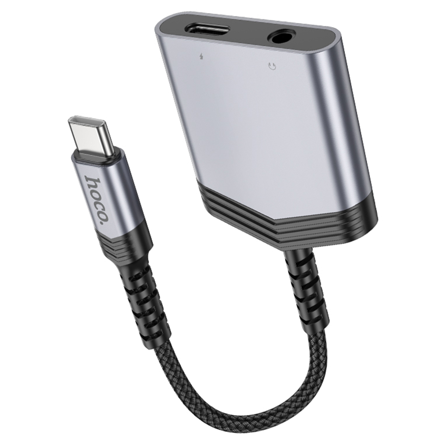 Переходник/Адаптер HOCO LS39 Type-C (m) - Jack 3.5 (f) / Type-C (f), 8 см, серый металлик фото