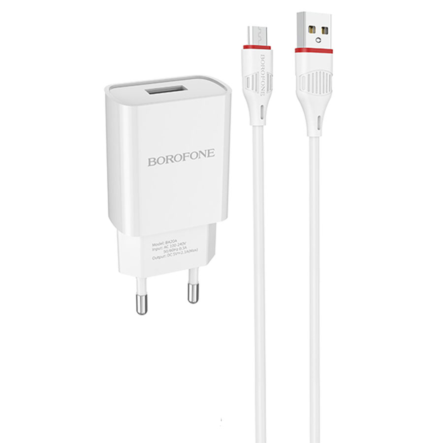 Сетевое зарядное устройство BOROFONE BA20A Sharp 1xUSB с Кабелем USB - Micro, 2.1A, белый фото