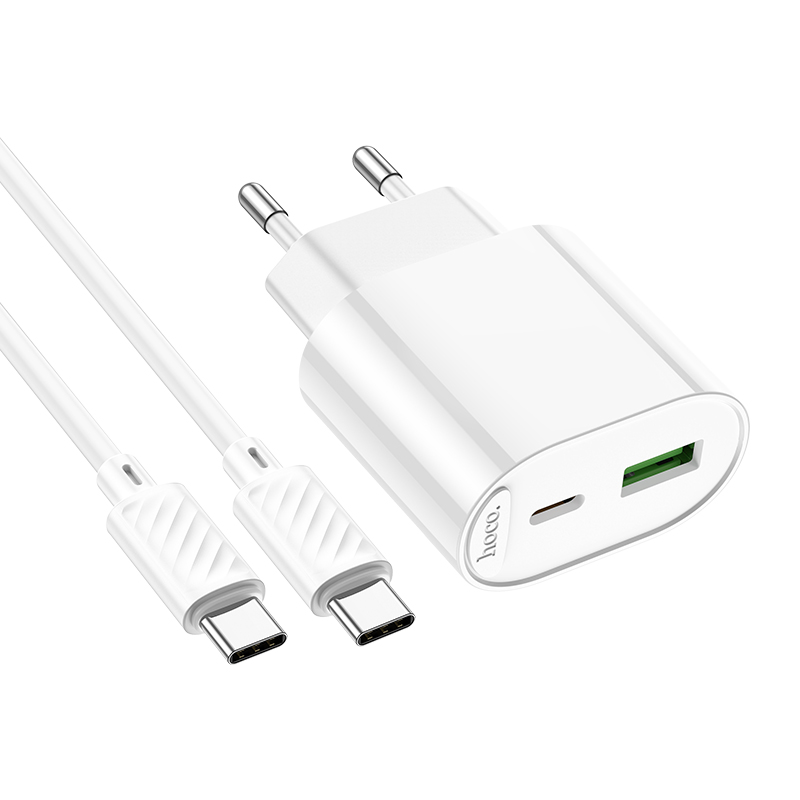 Сетевое зарядное устройство HOCO C109A Fighter 1xUSB + 1xUSB-C с Кабелем Type-C - Type-C, 3A, 20W, белый фото