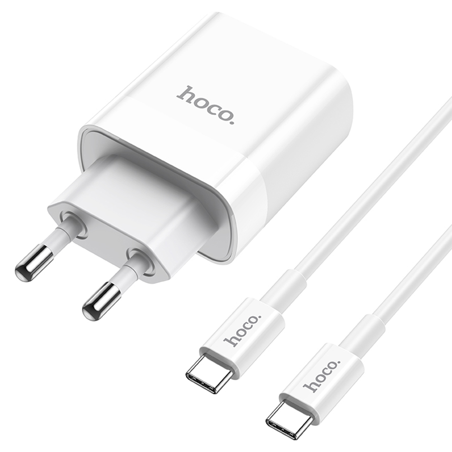 Сетевое зарядное устройство HOCO C80A Rapido 1xUSB + 1xUSB-C с Кабелем Type-C - Type-C, 3.1A, 20W, белый фото