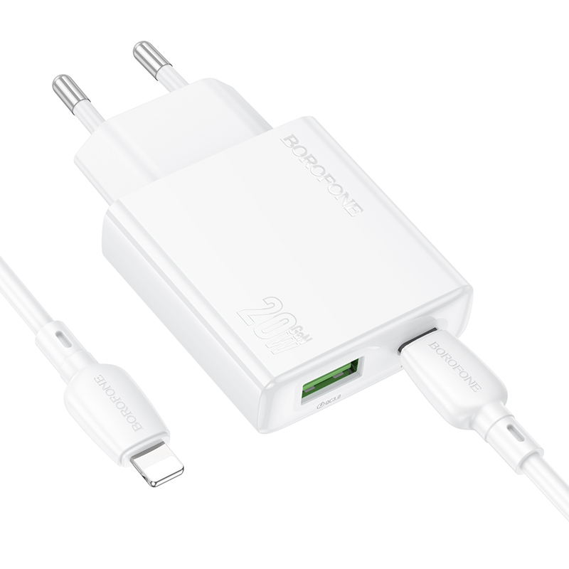Сетевое зарядное устройство BOROFONE BN24 Wish 1xUSB + 1xUSB-C с Кабелем Type-C - Lightning, 3A, 20W, белый фото