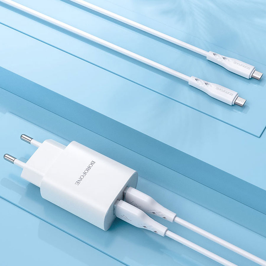 Сетевое зарядное устройство BOROFONE BN2 super fast 2xUSB с Кабелем USB - Micro, 2.1A, белый фото