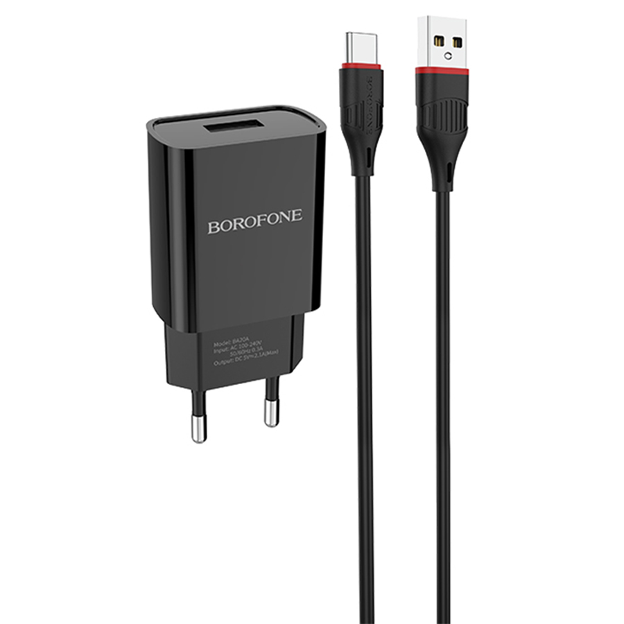 Сетевое зарядное устройство BOROFONE BA20A Sharp 1xUSB с Кабелем USB - Type-C, 2.1A, 10W, черный фото