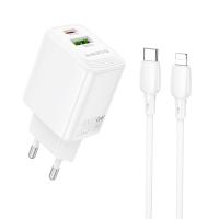 Сетевое зарядное устройство BOROFONE BN27 Fuente 1xUSB + 1xUSB-C с Кабелем Type-C - Lightning, 3A, 20W, белый фото