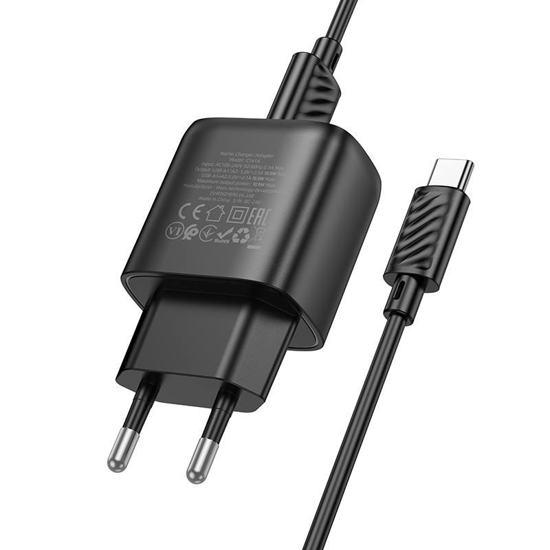 Сетевое зарядное устройство HOCO C141A Smart 2xUSB с Кабелем USB - Type-C, 2.1A, черный фото