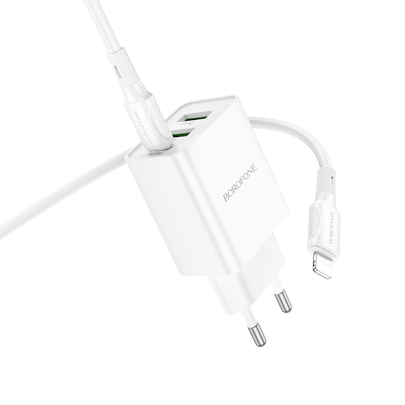Сетевое зарядное устройство BOROFONE BA70A Quick 2xUSB + 1xUSB-C с Кабелем Type-C - Lightning, 3A, 20W, белый фото