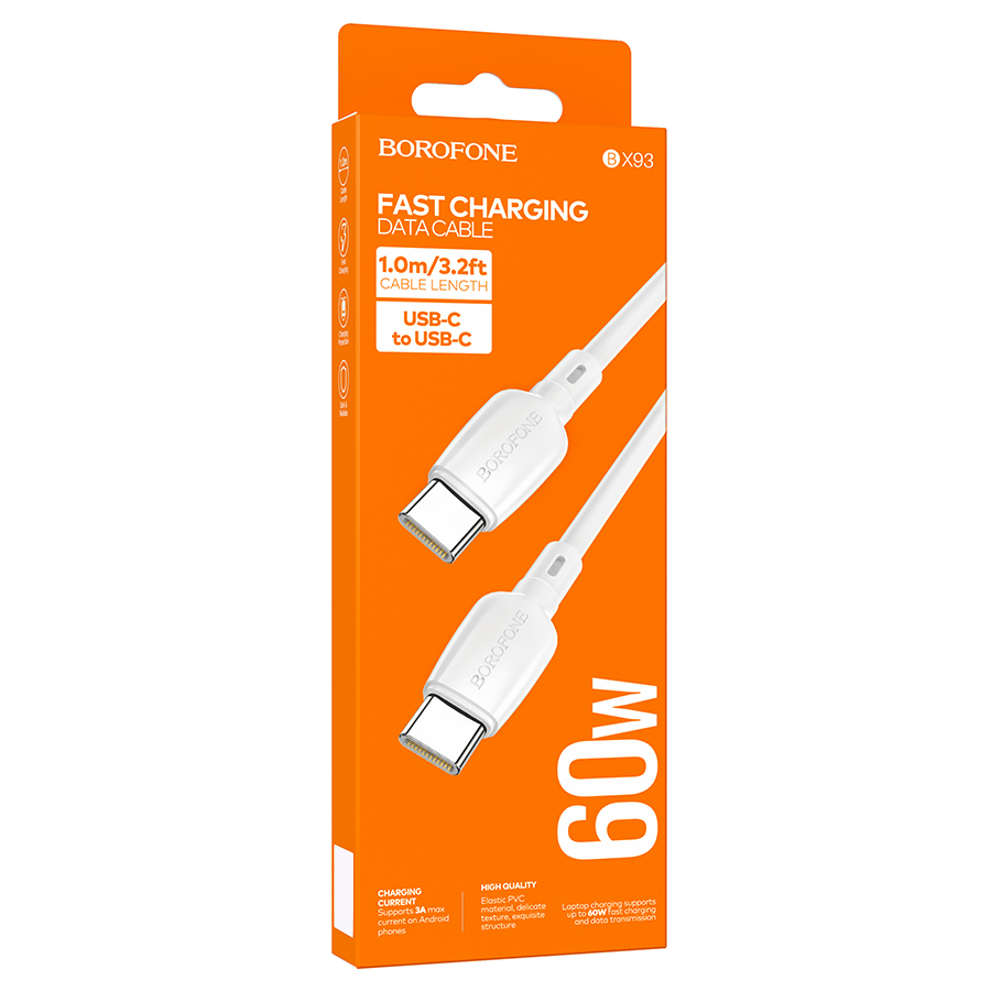 Кабель USB-C BOROFONE BX93 Super power Type-C - Type-C, 3A, 60W, 1 м, белый фото