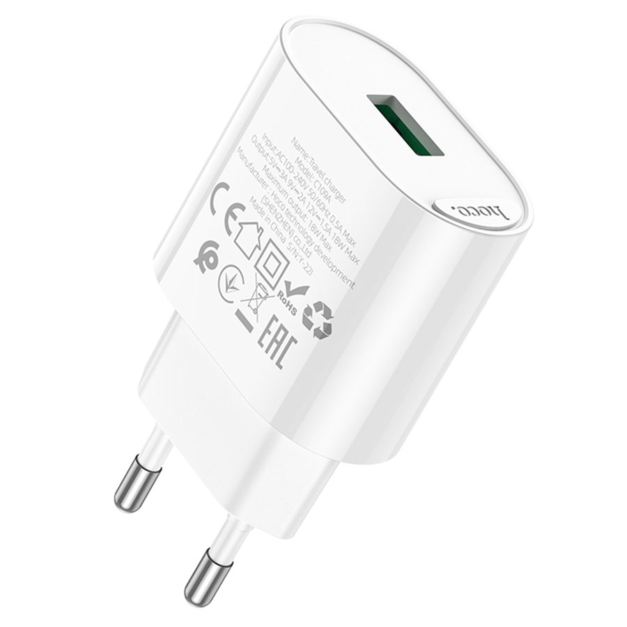 Сетевое зарядное устройство HOCO C109A Fighter 1xUSB, 3.0A, 18W, белый фото