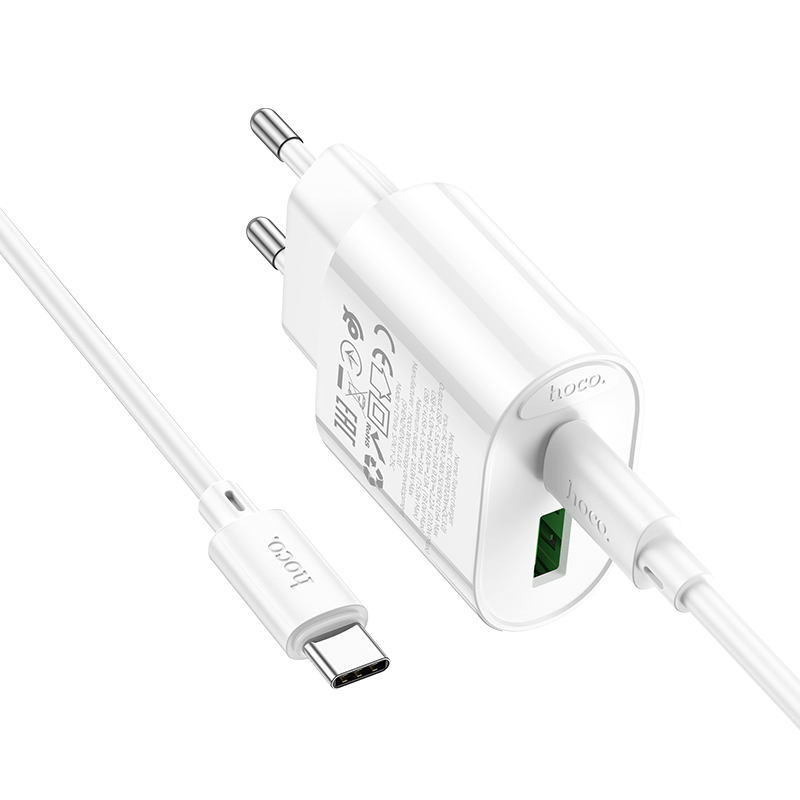 Сетевое зарядное устройство HOCO C109A Fighter 1xUSB + 1xUSB-C с Кабелем Type-C - Type-C, 3A, 20W, белый фото