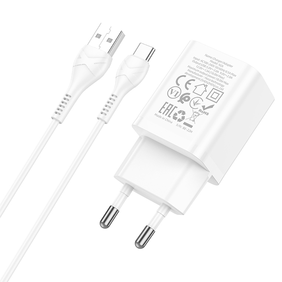 Сетевое зарядное устройство HOCO N26 Maxim 1xUSB с Кабелем USB - Type-C, 3.0A, 18W, белый фото