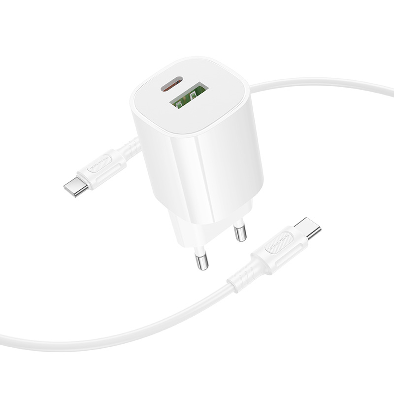 Сетевое зарядное устройство BOROFONE BA104A Pudding 1xUSB + 1xUSB-C с Кабелем Type-C - Type-C, 3A, 20W, белый фото