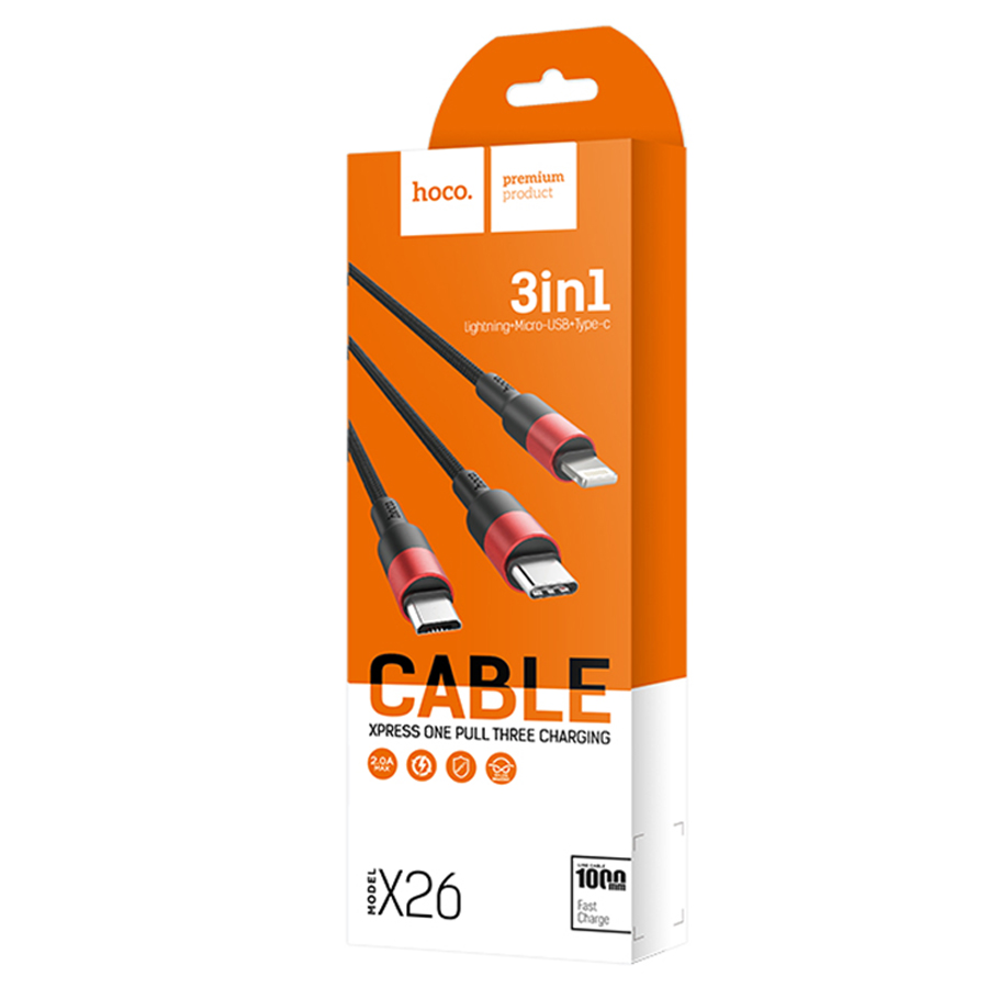Кабель USB HOCO X26 Xpress 3 в 1 USB - Type-C + Lightning + MicroUSB, 2А, 1 м, черный+красный фото