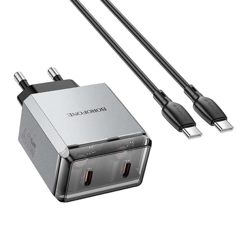 Сетевое зарядное устройство BOROFONE BN21 Lena 2xUSB-C с Кабелем Type-C - Type-C, 40W, серый металлик фото