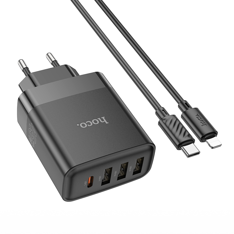 Сетевое зарядное устройство HOCO C127A Intelligent 3xUSB + 1xUSB-C с Кабелем Type-C - Lightning, 45W, черный фото