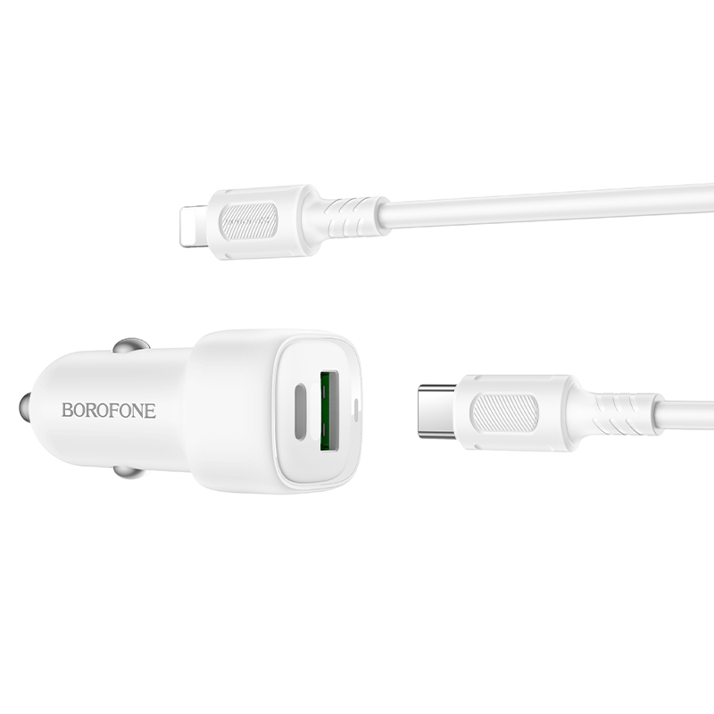 Автомобильное зарядное устройство BOROFONE BZ34B Cloud, 1xUSB + 1xUSB-C с Кабелем Type-C - Lightning, 38W, белый фото