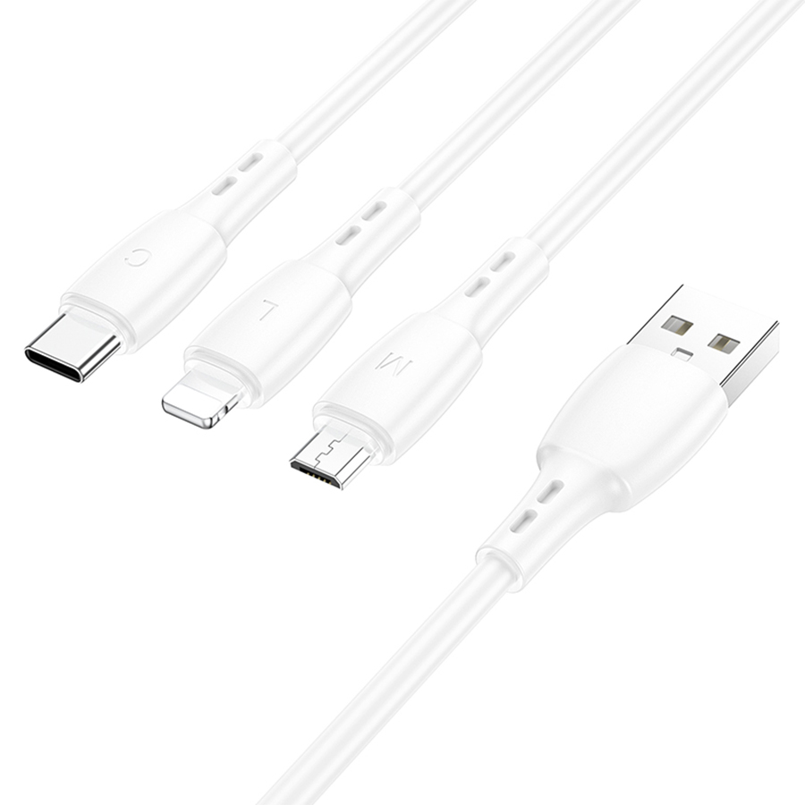 Кабель USB BOROFONE BX71 3 в 1 USB - Type-C + Lightning + MicroUSB, 2А, 1 м, белый фото