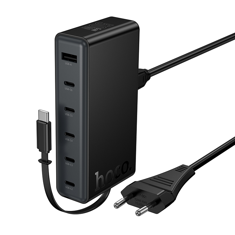 Сетевое зарядное устройство HOCO C151A Modern 1xUSB + 6xUSB-C с Кабелем Type-C, 3A, 70W, черный фото