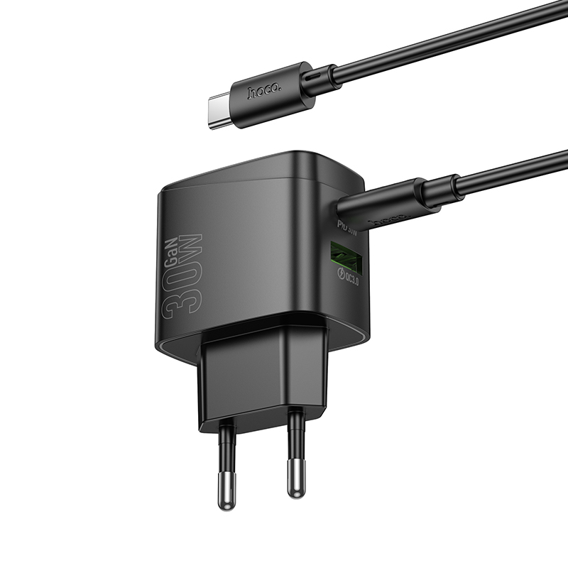 Сетевое зарядное устройство HOCO CS61A Bright 1xUSB + 1xUSB-C с Кабелем Type-C - Type-C, 3A, 30W, черный фото