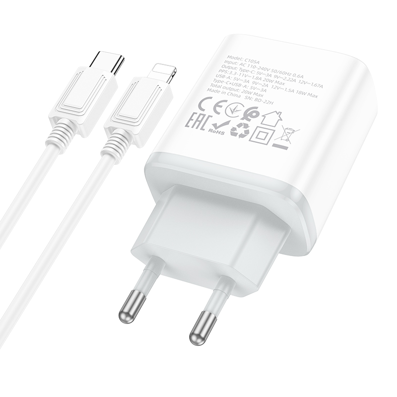Сетевое зарядное устройство HOCO C105A Stage 1xUSB + 1xUSB-C с Кабелем Type-C - Lightning, 3A, 20W, белый фото