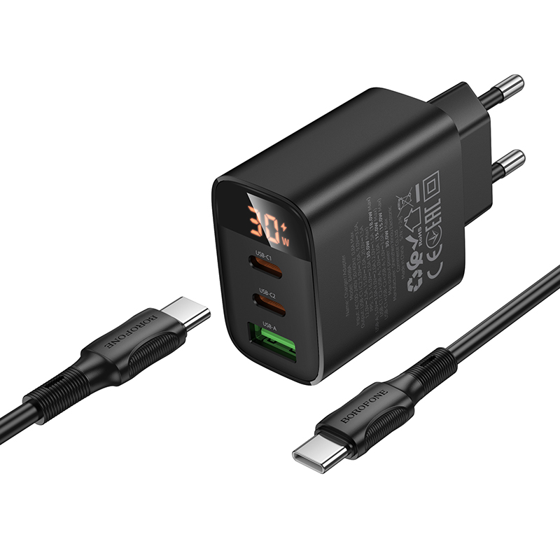 Сетевое зарядное устройство BOROFONE BA98A Ilustre  1xUSB + 2xUSB-C с Кабелем Type-C - Type-C, 3A, 30W, черный фото