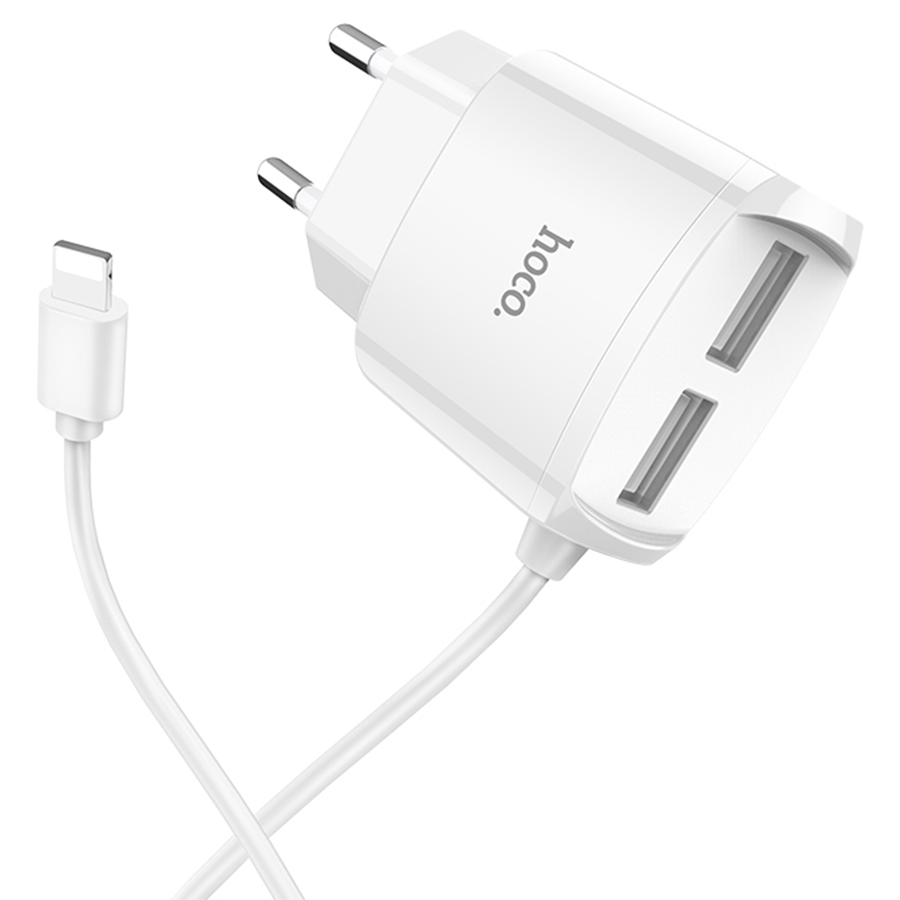 Сетевое зарядное устройство HOCO C59A Mega Joy 2xUSB с Кабелем Lightning, 2.4A, 10.8W, белый фото