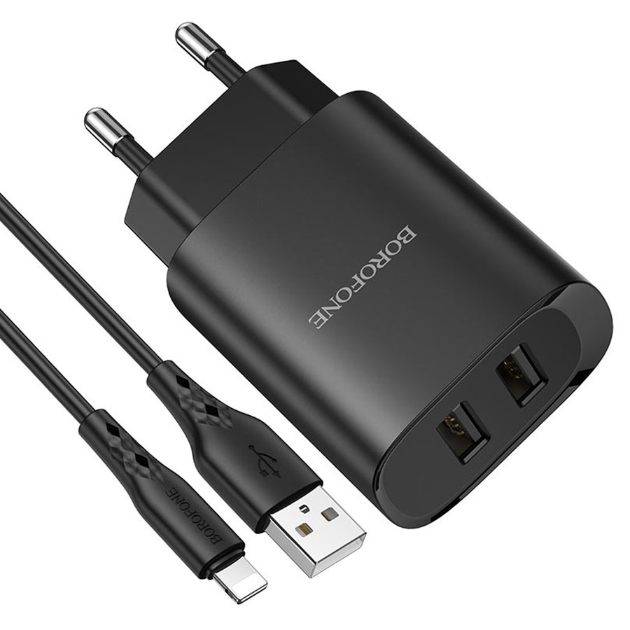 Сетевое зарядное устройство BOROFONE BN2 super fast 2xUSB с Кабелем USB - Lightning, 2.1A, черный фото