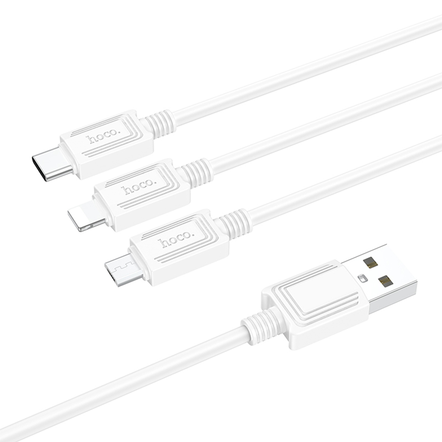 Кабель USB HOCO X74 3 в 1 USB - Type-C + Lightning + MicroUSB, 2А, 1 м, белый фото