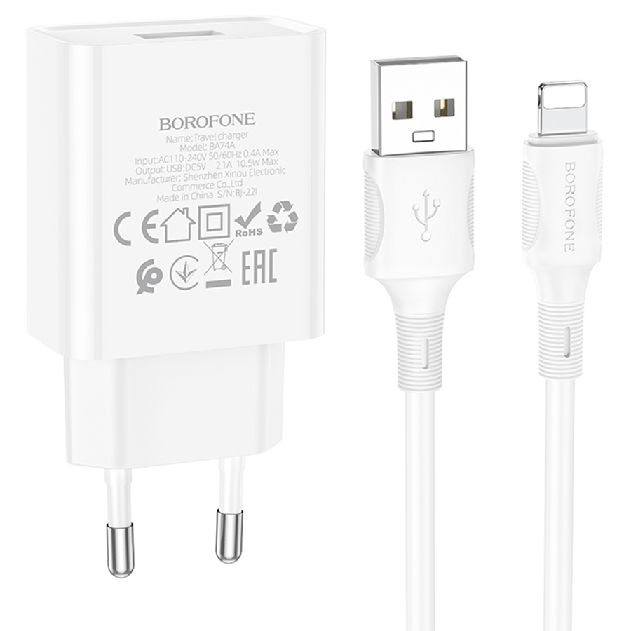 Сетевое зарядное устройство BOROFONE BA74A Aspirer 1xUSB с Кабелем USB - Lightning, белый фото