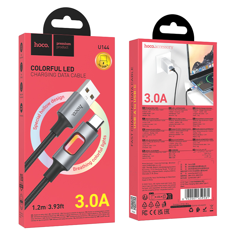 Кабель USB HOCO U144 Charging USB - Type-C, 3A, 1.2 м, черный фото